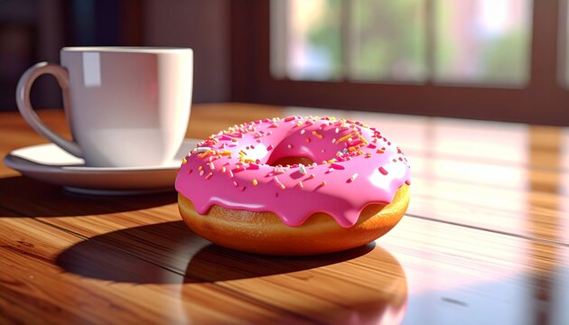 Pink-frosted donut with white sprinkles and coffee cup on wooden table for editorial food photography cozy snack decor and poetic indulgence-themed visuals