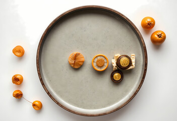 Traditional sweets and orange fruits on plate, top view