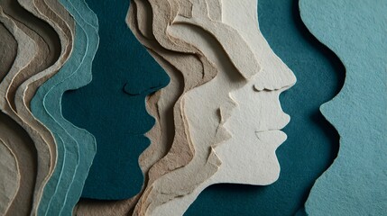 Layered paper cutout silhouettes depict profiles suggesting overlapping identity or connection
