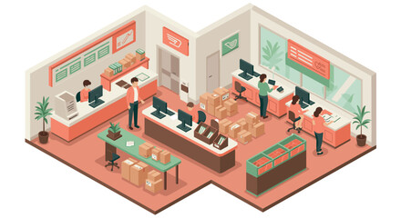 Fototapeta premium Modern isometric office with people working and organizing boxes in a shipping and logistics center
