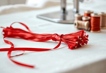 Red Raffia Bundle with Ribbon, Sewing Thread Spools