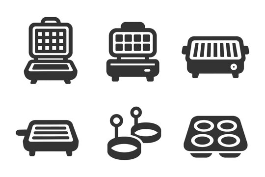 Silhouette icons of kitchen appliances including waffle maker and griddle.