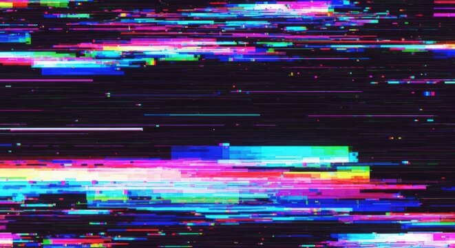 Abstract digital glitch art with colorful horizontal lines and a dark background, creating a distorted visual effect. - Powered by Adobe
