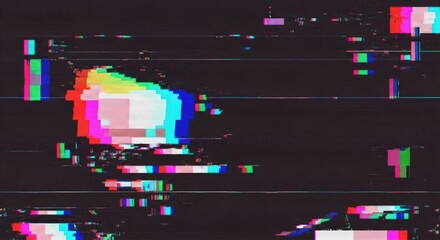 A digital glitch effect with colorful distortions and horizontal lines on a dark background.