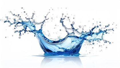 Dynamic Blue Water Splash Crown Shape With Droplets Against White Background Studio Lighting Reflective Surface