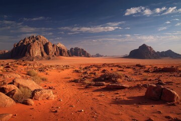 Obraz premium Exploring the breathtaking landscapes of Wadi Rum, Jordan at sunset with dramatic rock formations and vast desert terrain