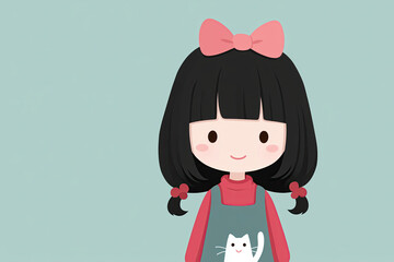 sweet innocent little kawaii girl with pink bow in her hair and cat picture on her dress on green background with copy space