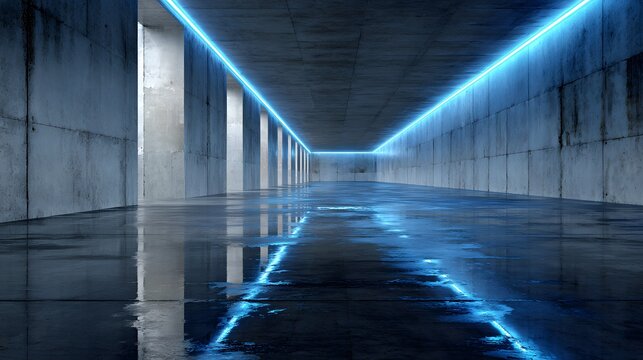 Long concrete corridor illuminated by bright blue neon light strip reflections