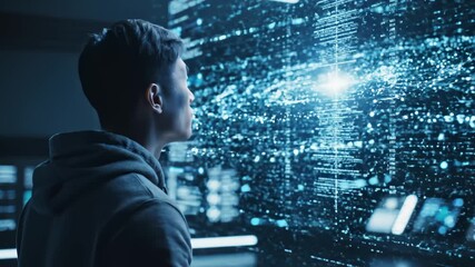 Man Interacting With a Futuristic Data Interface - Powered by Adobe