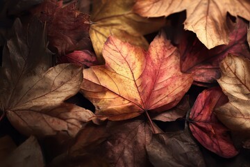Obraz premium Vibrant autumn leaves carpet the ground, showcasing various shades of red, orange, and brown in a serene natural setting