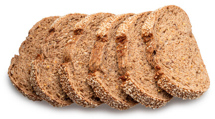 Slices of rye bread with sesame seeds isolated white background. File contains clipping paths.