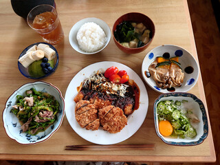 The Nagoya B-class food - Hatcho miso miso cutlet (fillet cutlet) set meal - includes several side dishes, soup, and dessert / 名古屋名物～八丁味噌の味噌カツ(ヒレカツ)定食 - 数種の小鉢料理，椀物，デザート付き