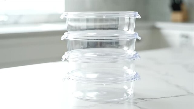 Clear stackable plastic food storage containers on a clean white kitchen counter Essential for meal prepping leftovers and organized pantry storage