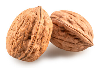 Two whole walnuts isolated on white background. Clipping path.