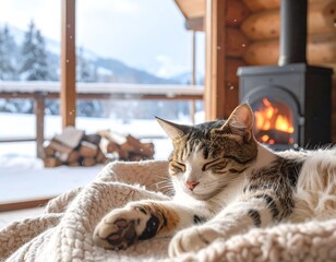 A cozy scene inside a cabin with a sleeping cat in the foreground, fireplace glowing, and a snowy landscape visible