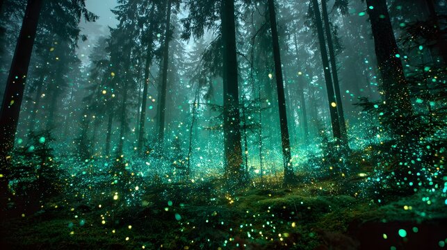 Mystical glowing orbs illuminate a dense, dark forest with tall tree trunks