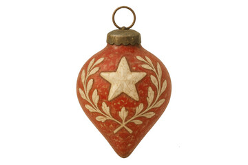 Vintage red christmas ornament teardrop shape with star and laurel wreath design isolated on transparent background
