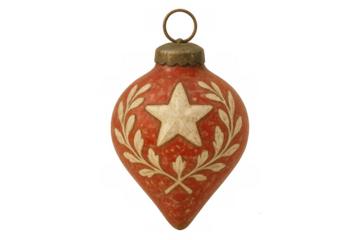 Vintage red christmas ornament teardrop shape with star and laurel wreath design isolated on transparent background