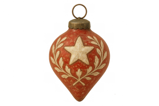 Vintage red christmas ornament teardrop shape with star and laurel wreath design isolated on transparent background