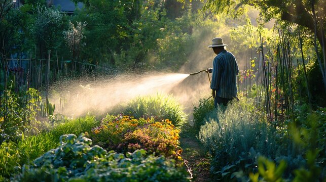 Person wearing a straw hat waters abundant greenery in a sunlit garden path