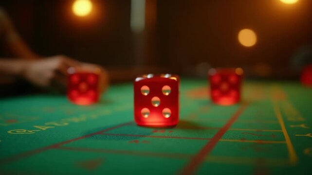 Red translucent dice tumbling mid-air over a green felt craps table, with motion blur emphasizing the excitement of chance.