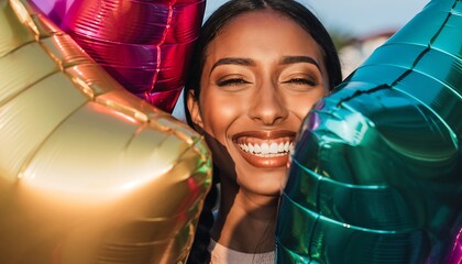 Joyful young woman surrounded by colorful metallic balloons laughing happily, cheerful birthday party or celebration portrait