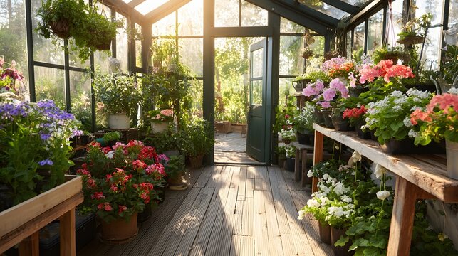Sunlight streams through the glass panels illuminating numerous blooming potted plants inside a warm structure