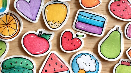 Assorted colorful, hand-drawn fruit and shape stickers scattered across a light wood surface