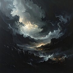 A dramatic cloudscape swirls with dark hues, light breaking through a central opening, illuminating turbulent waters below