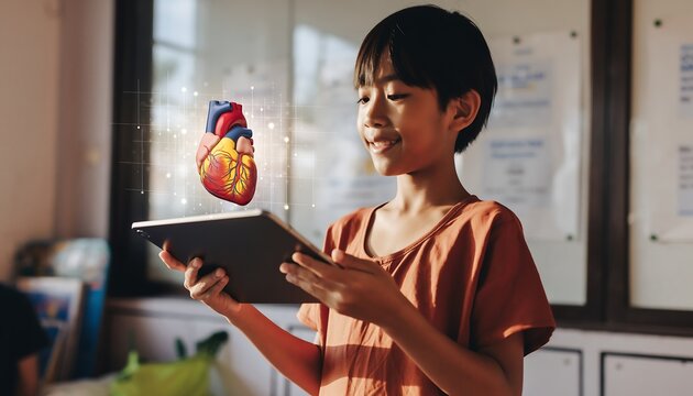 Happy child using tablet for augmented reality anatomy lesson, 3D holographic heart in modern classroom, STEM education concept