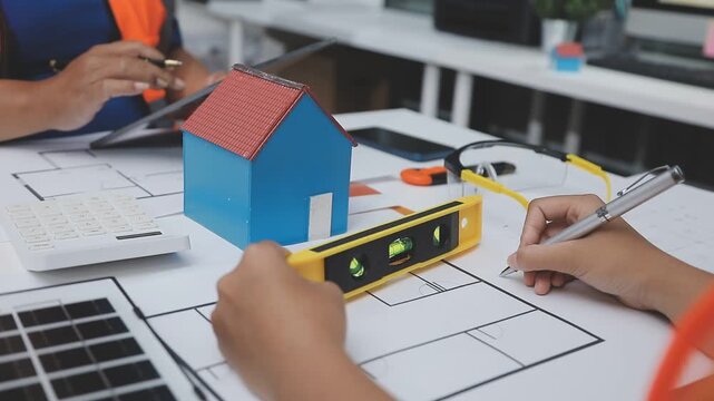 team of multiethnic architects working on construction plans in meeting room engineers discussing on project in office mature businessman and woman standing around table working on blueprint no logos