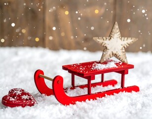 Festive red sled, wooden star, snowy heart, amidst the falling snow