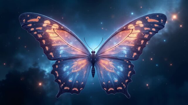 Surreal background featuring enormous butterfly wings made of swirling galaxies, nebulae, and stardust. The wings extend infinitely