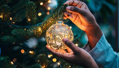 Close-up of diverse hands decorating Christmas tree with elegant glitter bauble, festive holiday celebration with bokeh lights