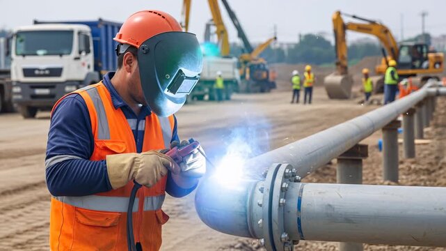 Man welder adjusting mask and welding gas pipeline structure on construction site, infrastructure development footage.