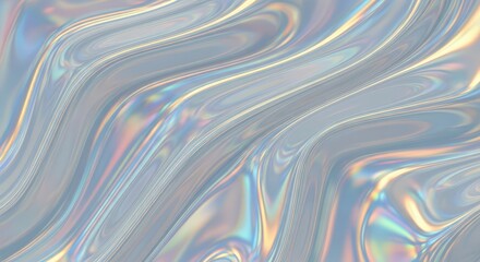 Abstract iridescent holographic background with fluid wavy patterns and shifting colors.