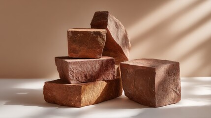 Stacked Natural Stone Blocks with Soft Shadows on a Minimalist Background for Construction or Design Concepts