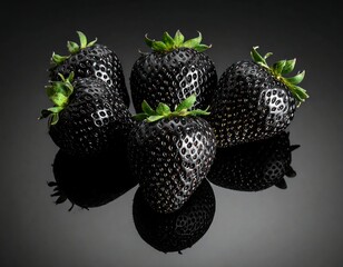 Five plump, dark-hued berries with green tops are set on a glossy surface