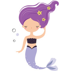 Whimsical Cartoon Mermaid with Flowing Purple Hair and Lavender Tail Floating in Water with Bubbles