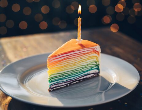 Slice of colorful rainbow crepe cake with single lit candle on plate, festive birthday dessert with warm bokeh background