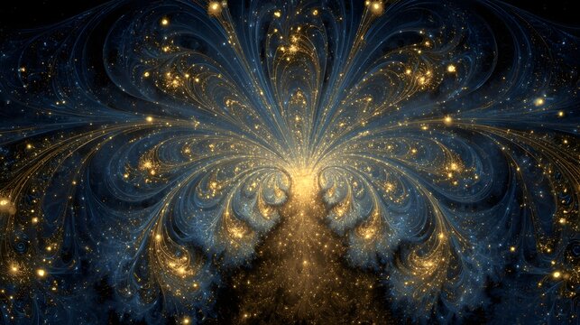 Ornate display of golden light bursts from complex swirling blue fractal patterns