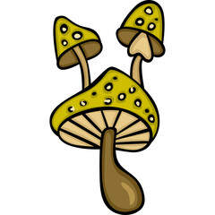Whimsical Cartoon Mushrooms With Yellow Spotted Caps And Brown Stems On White Background