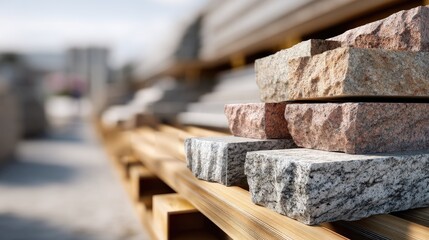 Close-Up View of Natural Stone Blocks Stacked on Wooden Pallets at Construction Site with Blurred Background