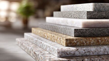 Various Textures and Colors of Polished Stone Slabs Stacked in Layers on a Blurred Background