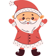 Whimsical cartoon Santa Claus illustration in festive red and white attire with raised arms and cheerful expression ideal for holiday designs