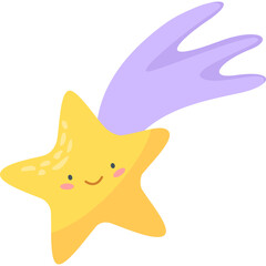 Whimsical Cartoon Shooting Star with a Joyful Face and a Lavender Tail Against a White Background Ideal for Children's Designs