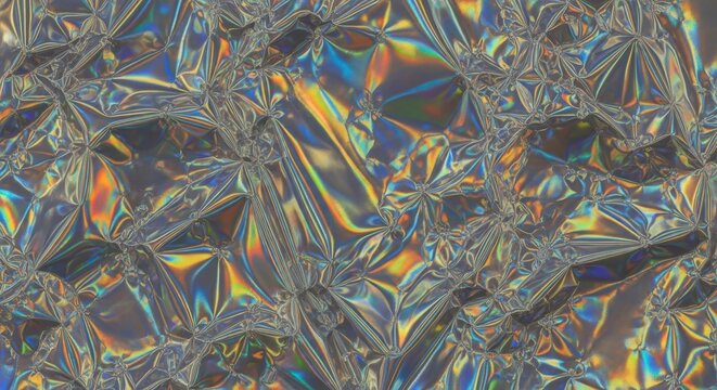 A detailed close-up of a crumpled holographic foil surface with iridescent, shimmering rainbow colors.