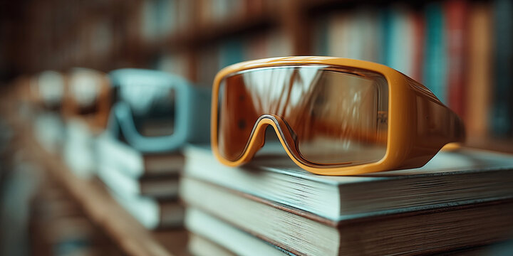 Virtual glasses rest on a stack of books in a blurred library filled with knowledge and wisdom