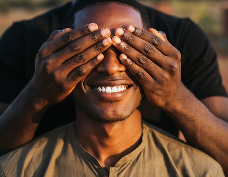 Close-up of African American man smiling while hands cover his eyes for a surprise, playful and happy couple concept outdoors