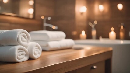 Serene Bathroom with Neatly Rolled White Towels on Wooden Counter
